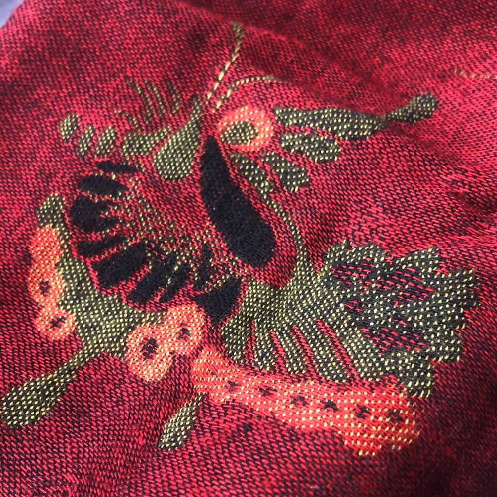 PASHMINA BUTTERFLY PATTERN SCARF • RED/ORANGE/GREEN • 70” x 28” - Picture 5 of 9